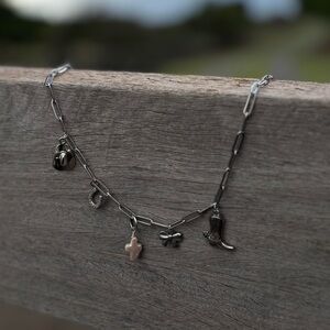 Sterling Silver Charm Necklace with Cross and Western Motifs